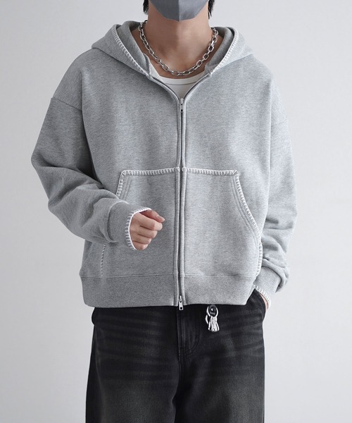 ROCHEM（ローシェン）の「ステッチデザインショート丈ダブルジップパーカー（パーカー・メンズ・ブラック/グレー/ブラック系・L/M/S/XS）」の12枚目の写真