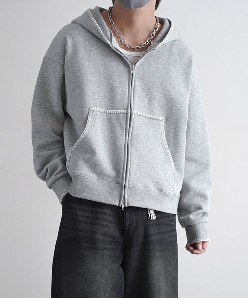 ROCHEM（ローシェン）の「ステッチデザインショート丈ダブルジップパーカー（パーカー・メンズ・ブラック/グレー/ブラック系・L/M/S/XS）」の13枚目の写真