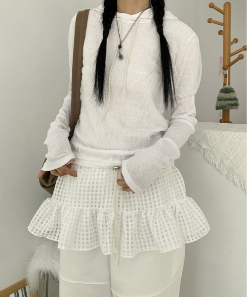kirakiraShop(キラキラショップ)の「くしゅくしゅギャザーが可愛げのある大人のこなれ感を演出。シアー メッシュ トップス(Tシャツ/カットソー・レディース・ライトイエロー/ブルー/ホワイト/ブラック・FREE)」の7枚目の写真