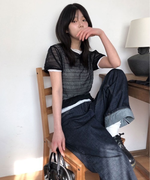 kirakiraShop(キラキラショップ)の「くしゅくしゅギャザーが可愛げのある大人のこなれ感を演出。シアー メッシュ トップス(Tシャツ/カットソー・レディース・ライトイエロー/ブルー/ホワイト/ブラック・FREE)」の9枚目の写真