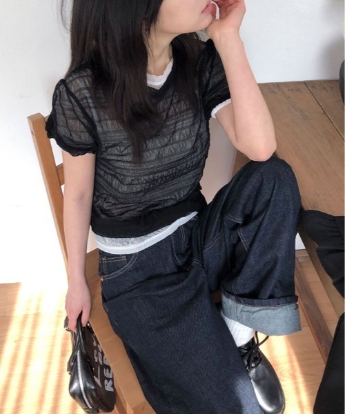 kirakiraShop(キラキラショップ)の「くしゅくしゅギャザーが可愛げのある大人のこなれ感を演出。シアー メッシュ トップス(Tシャツ/カットソー・レディース・ライトイエロー/ブルー/ホワイト/ブラック・FREE)」の10枚目の写真