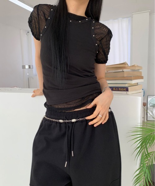 kirakiraShop(キラキラショップ)の「くしゅくしゅギャザーが可愛げのある大人のこなれ感を演出。シアー メッシュ トップス(Tシャツ/カットソー・レディース・ライトイエロー/ブルー/ホワイト/ブラック・FREE)」の13枚目の写真