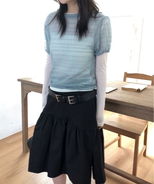 kirakiraShop(キラキラショップ)の「くしゅくしゅギャザーが可愛げのある大人のこなれ感を演出。シアー メッシュ トップス(Tシャツ/カットソー・レディース・ライトイエロー/ブルー/ホワイト/ブラック・FREE)」の15枚目の写真