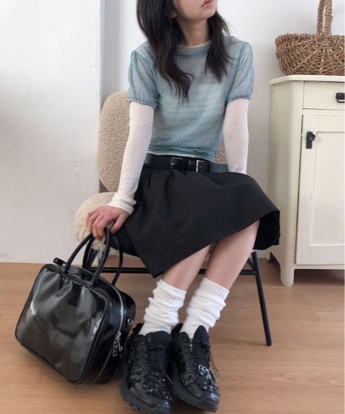 kirakiraShop(キラキラショップ)の「くしゅくしゅギャザーが可愛げのある大人のこなれ感を演出。シアー メッシュ トップス(Tシャツ/カットソー・レディース・ライトイエロー/ブルー/ホワイト/ブラック・FREE)」の16枚目の写真