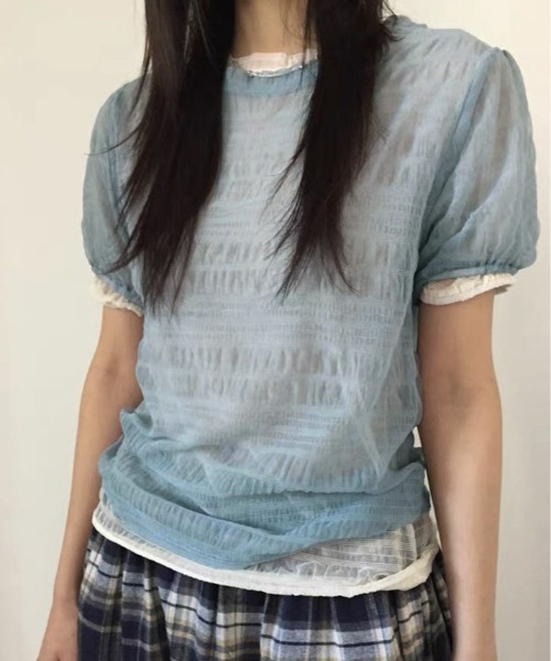 kirakiraShop(キラキラショップ)の「くしゅくしゅギャザーが可愛げのある大人のこなれ感を演出。シアー メッシュ トップス(Tシャツ/カットソー・レディース・ライトイエロー/ブルー/ホワイト/ブラック・FREE)」の17枚目の写真
