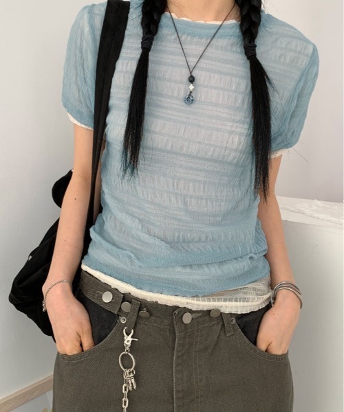 kirakiraShop(キラキラショップ)の「くしゅくしゅギャザーが可愛げのある大人のこなれ感を演出。シアー メッシュ トップス(Tシャツ/カットソー・レディース・ライトイエロー/ブルー/ホワイト/ブラック・FREE)」の22枚目の写真