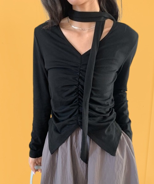 Siel(シエル)の「ネックタイギャザートップス(Tシャツ/カットソー・レディース・グレー/ホワイト/ブラック・FREE)」の2枚目の写真