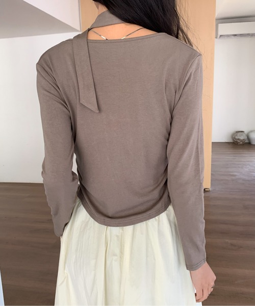 Siel(シエル)の「ネックタイギャザートップス(Tシャツ/カットソー・レディース・グレー/ホワイト/ブラック・FREE)」の4枚目の写真