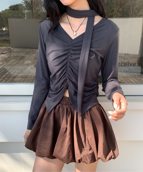 Siel(シエル)の「ネックタイギャザートップス(Tシャツ/カットソー・レディース・グレー/ホワイト/ブラック・FREE)」の16枚目の写真