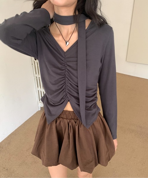 Siel(シエル)の「ネックタイギャザートップス(Tシャツ/カットソー・レディース・グレー/ホワイト/ブラック・FREE)」の17枚目の写真