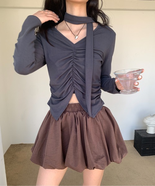 Siel(シエル)の「ネックタイギャザートップス(Tシャツ/カットソー・レディース・グレー/ホワイト/ブラック・FREE)」の18枚目の写真