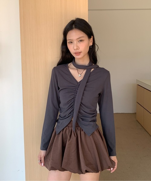 Siel(シエル)の「ネックタイギャザートップス(Tシャツ/カットソー・レディース・グレー/ホワイト/ブラック・FREE)」の21枚目の写真