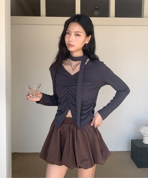 Siel(シエル)の「ネックタイギャザートップス(Tシャツ/カットソー・レディース・グレー/ホワイト/ブラック・FREE)」の10枚目の写真
