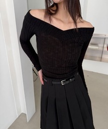 オフショルダー Vネック リブ編み クロップド 長袖 Tシャツ