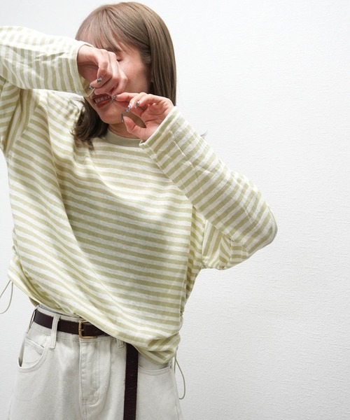 gossara(ゴサラ)の「【韓国っぽスタイル】サイドドロストボーダーロンT(Tシャツ/カットソー・レディース・グレー/ライトグリーン/モカ・FREE)」の9枚目の写真