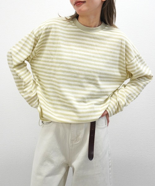 gossara(ゴサラ)の「【韓国っぽスタイル】サイドドロストボーダーロンT(Tシャツ/カットソー・レディース・グレー/ライトグリーン/モカ・FREE)」の10枚目の写真