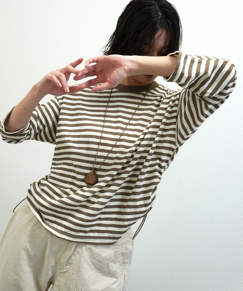 gossara(ゴサラ)の「【韓国っぽスタイル】サイドドロストボーダーロンT(Tシャツ/カットソー・レディース・グレー/ライトグリーン/モカ・FREE)」の17枚目の写真