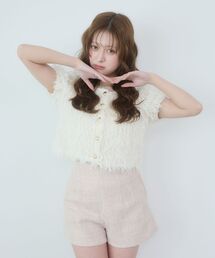 フワフワフリンジハーフスリーブカーデ