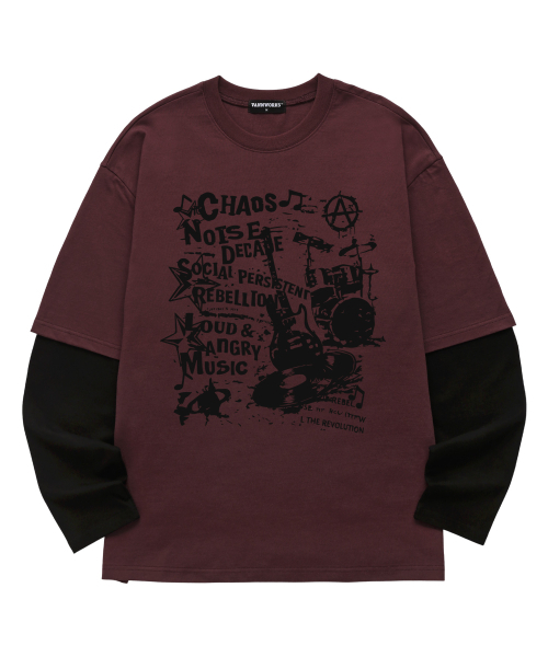 VANNWORKS(バンワークス)の「レイヤード CHOAS MUSIC ロングスリーブ (VVLL0222) バーガンディ/ブラック(Tシャツ/カットソー・レディース・その他・SMALL/MEDIUM/LARGE/X-LARGE)」の1枚目の写真