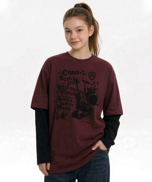 VANNWORKS(バンワークス)の「レイヤード CHOAS MUSIC ロングスリーブ (VVLL0222) バーガンディ/ブラック(Tシャツ/カットソー・レディース・その他・SMALL/MEDIUM/LARGE/X-LARGE)」の4枚目の写真