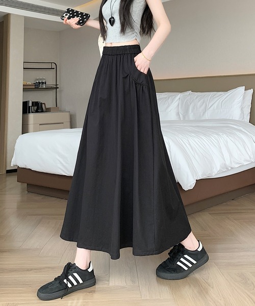 AMAJI(アマジ)の「ウエストゴム ギャザー ポケット タック ミディ丈 スカート Aライン フレアスカート(スカート・レディース・ホワイト/ブラック・X-LARGE/LARGE/MEDIUM/SMALL)」の3枚目の写真