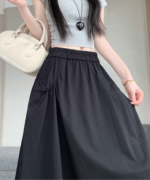 AMAJI(アマジ)の「ウエストゴム ギャザー ポケット タック ミディ丈 スカート Aライン フレアスカート(スカート・レディース・ホワイト/ブラック・X-LARGE/LARGE/MEDIUM/SMALL)」の4枚目の写真