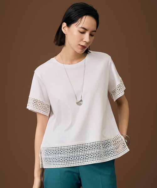自由区(ジユウク)の「ナチュラルコットンハイゲージレースドッキング Tシャツ(Tシャツ/カットソー・レディース・ピンク系/ブラウン系/ブラック系/アイボリー系・32)」の3枚目の写真