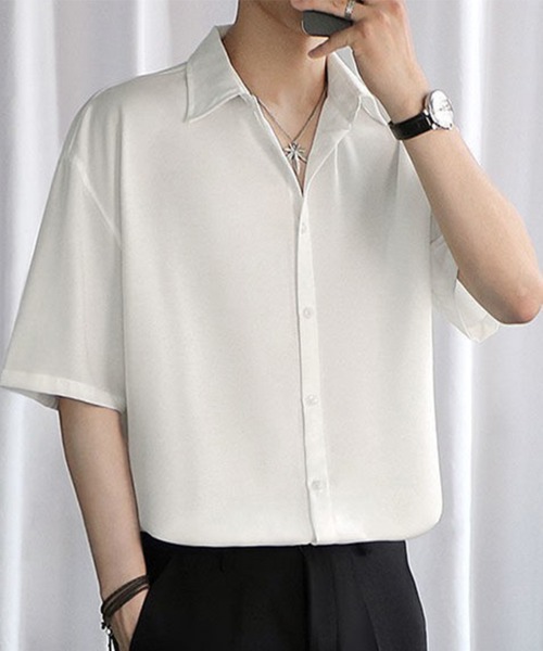 KELVIN(ケルヴァン)の「Minimal Open Collar Shirt ミニマルオープンカラーシャツ(シャツ/ブラウス・メンズ・ホワイト/ブラック・LARGE/MEDIUM)」の2枚目の写真