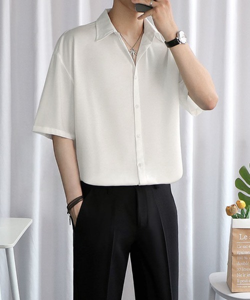 KELVIN(ケルヴァン)の「Minimal Open Collar Shirt ミニマルオープンカラーシャツ(シャツ/ブラウス・メンズ・ホワイト/ブラック・LARGE/MEDIUM)」の4枚目の写真