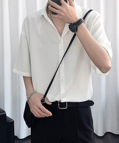KELVIN(ケルヴァン)の「Minimal Open Collar Shirt ミニマルオープンカラーシャツ(シャツ/ブラウス・メンズ・ホワイト/ブラック・LARGE/MEDIUM)」の3枚目の写真