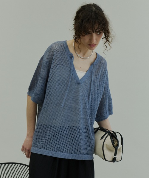 Mesh Key-neck Cropped Knit / メッシュキーネックハーフニット（T