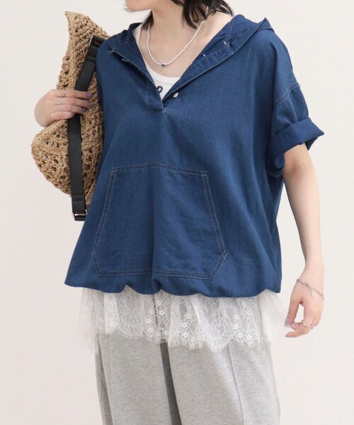 fredy emue(フレディエミュ)の「シアーデニムフーディハーフスリーブ(シャツ/ブラウス・レディース・ネイビー/ブルー・38)」の3枚目の写真