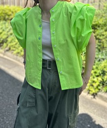 配色ボタン コットン100 ペタル/バルーンスリーブブラウス