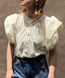 mi via loca | 配色ボタン コットン100 ボリュームスリーブデザインブラウス(シャツ/ブラウス)