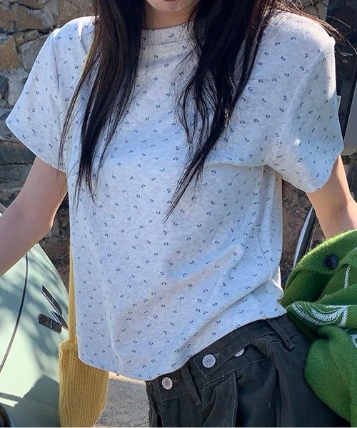AsheKsha(アシクシャ)の「花柄ショート丈半袖 T シャツ(Tシャツ/カットソー・レディース・グレー・M)」の1枚目の写真