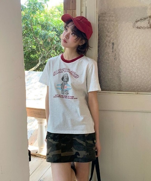 SHEPP(シープ)の「ドッグプリント バイカラーリンガー半袖Tシャツ トイプードル(Tシャツ/カットソー・レディース・ホワイト・L/M)」の6枚目の写真