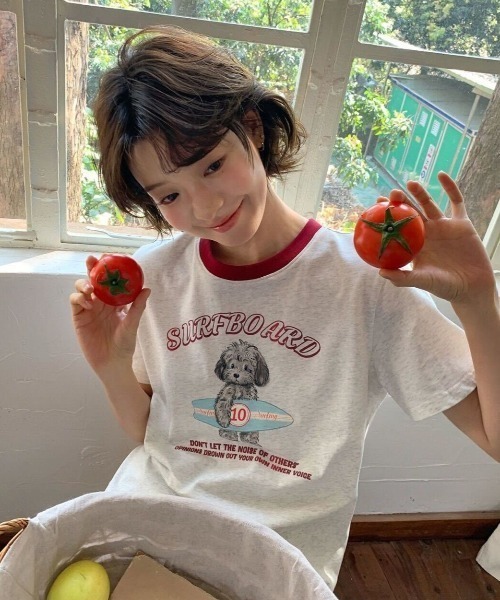 SHEPP(シープ)の「ドッグプリント バイカラーリンガー半袖Tシャツ トイプードル(Tシャツ/カットソー・レディース・ホワイト・L/M)」の8枚目の写真