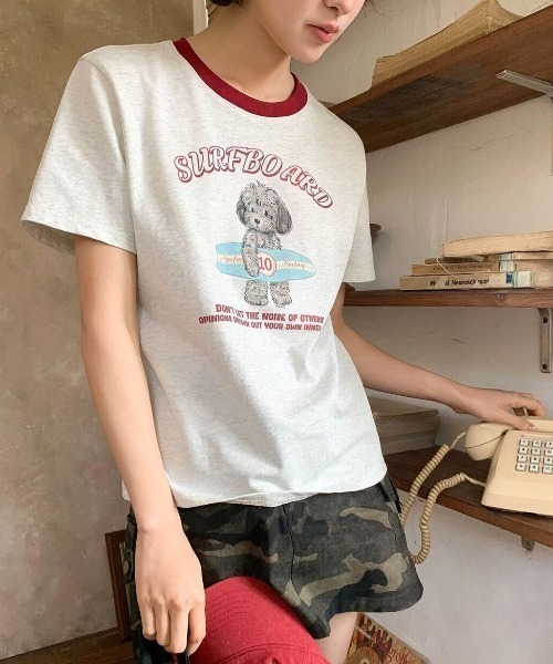 SHEPP(シープ)の「ドッグプリント バイカラーリンガー半袖Tシャツ トイプードル(Tシャツ/カットソー・レディース・ホワイト・L/M)」の15枚目の写真