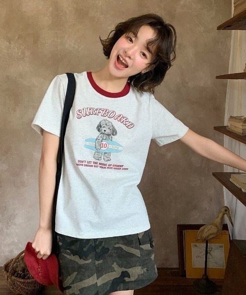 SHEPP(シープ)の「ドッグプリント バイカラーリンガー半袖Tシャツ トイプードル(Tシャツ/カットソー・レディース・ホワイト・L/M)」の17枚目の写真