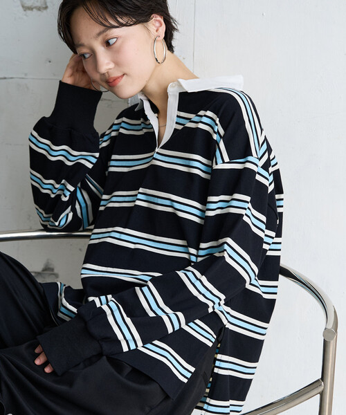FREAK'S STORE(フリークスストア)の「限定展開 ラガーボーダー ポロ 襟 ビッグ プルオーバー(Tシャツ/カットソー・レディース・ブラック/グレー/ナチュラル・フリ-)」の1枚目の写真