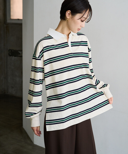 FREAK'S STORE(フリークスストア)の「限定展開 ラガーボーダー ポロ 襟 ビッグ プルオーバー(Tシャツ/カットソー・レディース・ブラック/グレー/ナチュラル・フリ-)」の5枚目の写真