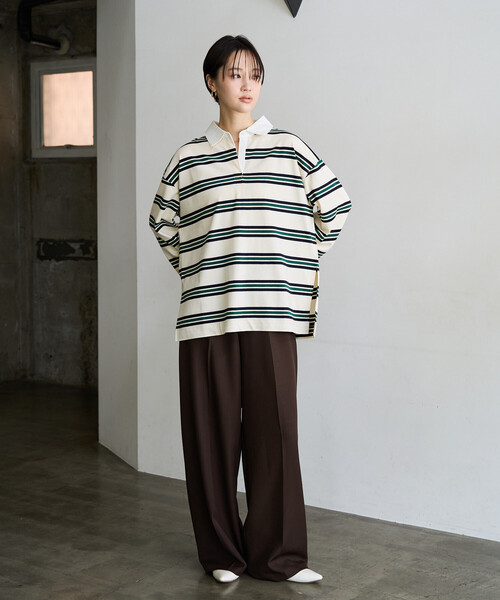 FREAK'S STORE(フリークスストア)の「限定展開 ラガーボーダー ポロ 襟 ビッグ プルオーバー(Tシャツ/カットソー・レディース・ブラック/グレー/ナチュラル・フリ-)」の9枚目の写真