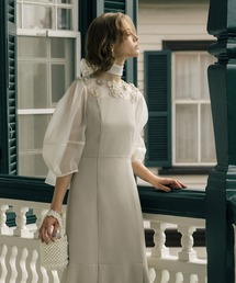 オケージョン 結婚式ドレス ｜ オーガンジー フラワーモチーフ フレア ワンピース ドレス ｜ パーティードレス・ワンピースドレス・お呼ばれドレス・セレモニードレス・美脚ドレス