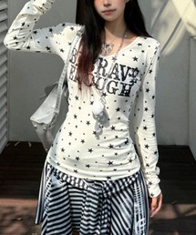 星柄 ロゴプリント ストレッチ Uネック 長袖Tシャツ