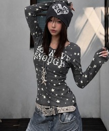 星柄 ロゴプリント ストレッチ Uネック 長袖Tシャツ