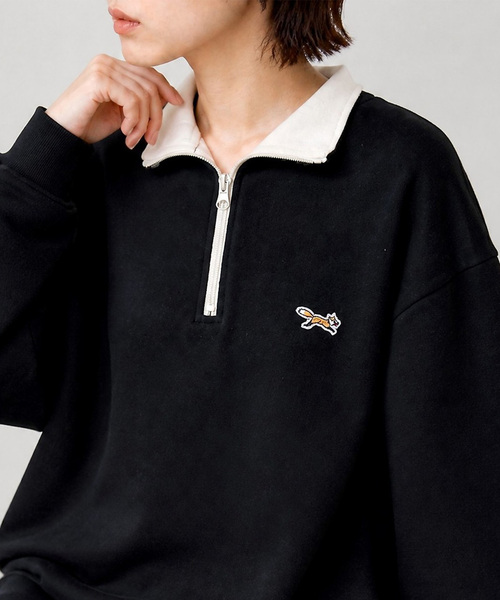 PENNEYS（ぺニーズ）の「PENNEYS/ペニーズ 別注 THE FOX ワンポイントワッペン刺繍 配色 ハーフジップ裏起毛スウェット（スウェット・レディース・イエロー/グレー/ブラウン/ブラック/ネイビー/グレイッシュブルー/ナチュラル・M/S/L）」の2枚目の写真