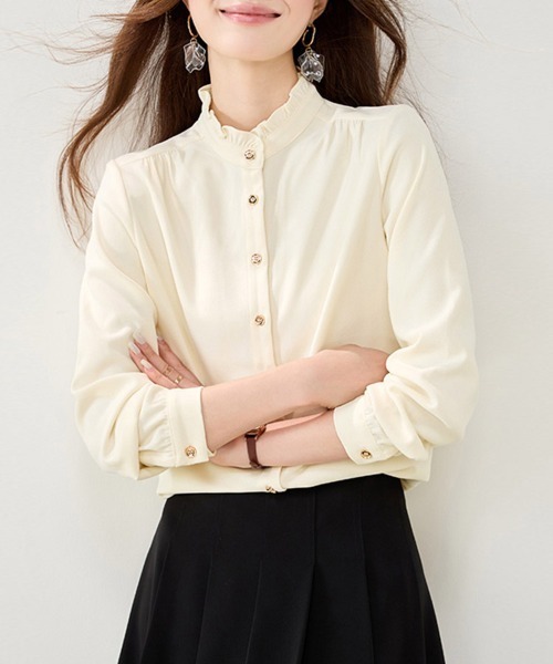 ONEP STAR（ワンピスター）の「フリルネックスタンドカラー長袖シャツブラウス（シャツ/ブラウス・レディース・ベージュ・X-LARGE/LARGE/MEDIUM）」の8枚目の写真