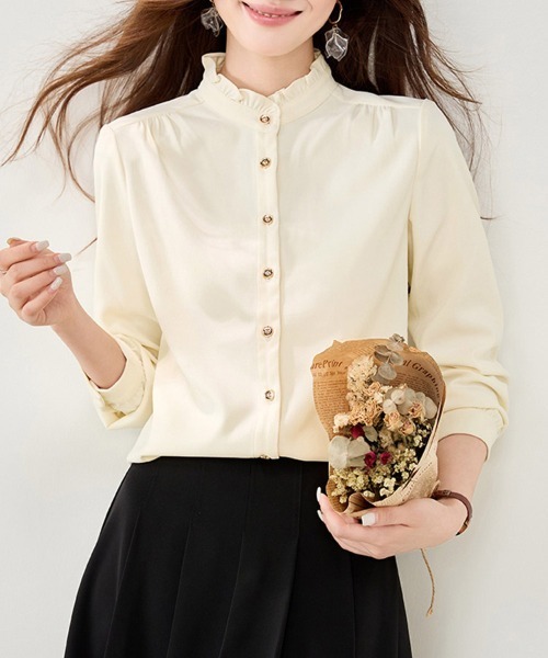 ONEP STAR（ワンピスター）の「フリルネックスタンドカラー長袖シャツブラウス（シャツ/ブラウス・レディース・ベージュ・X-LARGE/LARGE/MEDIUM）」の9枚目の写真