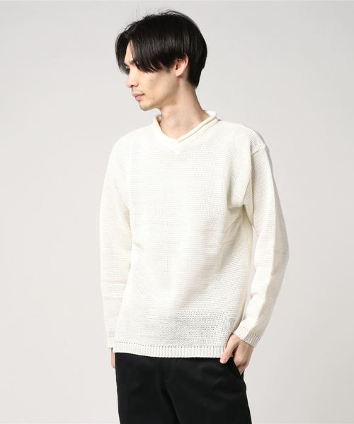 UP START（アップスタート）の「ギマコットンVネックニット（ニット/セーター・メンズ・ブラック/オフホワイト/ベージュ・MEDIUM/LARGE）」の4枚目の写真