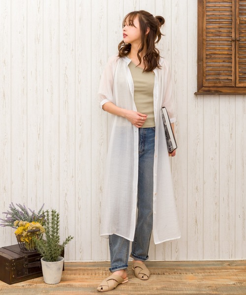 SpRay（スプレイ）の「シースルーレースアップシャツワンピース（ワンピース・レディース・ホワイト/ベージュ/サックスブルー/ライトカーキ/ライトベージュ・FREE）」の2枚目の写真